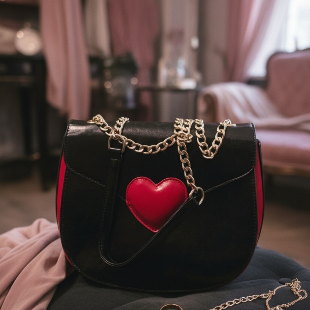 Pink Haley Black and Red Crossbody Bag with Heart Accent